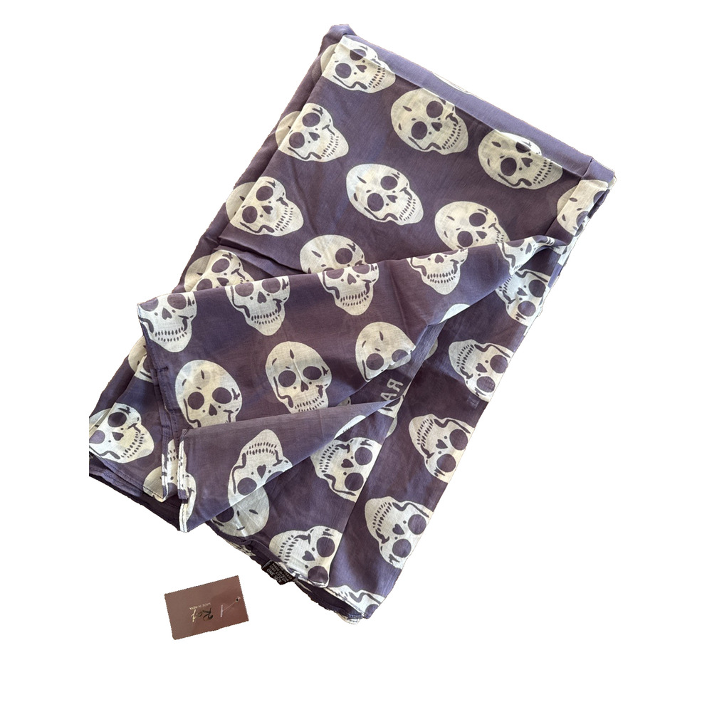 RAJ Anthropologie Skull Printed Purple and Cream 100% Cotton Scarf 75x40" NWT